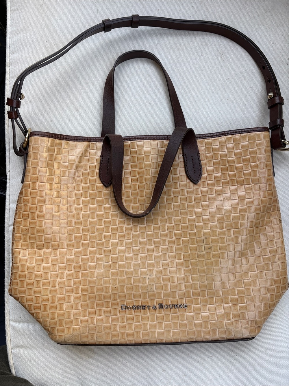 Dooney & Bourke Tan Woven Tote with Dark Brown Trim